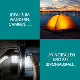 EASYmaxx Akku-Lampe mit Radio beleuchtet Campingzelt und hilft bei Stromausfall mit Solar-, Kurbel- und USB-Aufladung.