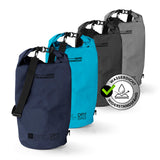 Where Tomorrow Dry Bag 30L - Style 01 - Dunkelblau, wasserdichter, robuster Rucksack mit Rolltop und verstellbarem Schultergurt.