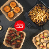 GOURMETmaxx Backpapierschalen für Heißluftfritteusen (5–6 l) mit Antihaftbeschichtung für fettfreies, sauberes Garen von Pommes und Snacks.