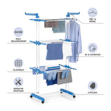 CLEAN Edition Klappbarer Wäscheständer mit 3 Etagen, 24 Stangen, 4 Rollen, für 14 Kleiderbügel, klappbar, weiß/blau, für Innen & Außen.