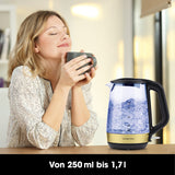 GOURMETmaxx Glas-Wasserkocher Tasse für Tasse schwarz/gold mit Wasserstandsanzeige, kabellosem Behälter und verdecktem Heizelement.