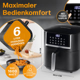 GOURMETmaxx 4in1-Heißluftfritteuse 1600 W, 6 L mit Touchdisplay, Timerfunktion und maximalem Bedienkomfort.