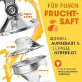LUMALAND Manuelle Saftpresse mit abnehmbarer Presskappe, Filter und Trichter, schnell aufgebaut und spülmaschinenfest.