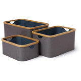 LUMALAND Aufbewahrungsboxen mit Bambus-Rahmen - 3er-Set - Grau-Blau, praktische stapelbare Boxen in verschiedenen Größen.