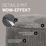LUMALAND Sitzsack Pouf Cord - Grau mit verdecktem Reißverschluss, extrastarken Nähten, weichem Cordbezug und abnehmbarem, pflegeleichtem Bezug.