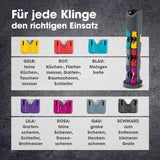 EASYmaxx Klingenschärfer und Schärfeinsätze mit 6 farbcodierten Einsätzen für Messer, Werkzeuge und Gartengeräte.