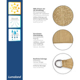 LUMALAND Sonnensegel 100% HDPE mit Stabilisator für UV-Schutz - Quadrat 5 x 5 Meter - Sand, robust, wetterfest, mit rostfreien Eckringen.