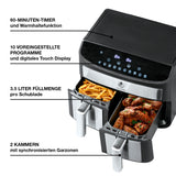 Kochwerk Heißluft-Fritteuse Zweikammer 7 Liter mit Touchdisplay, 10 Programmen, 2 Kammern und 60-Minuten-Timer in Edelstahl/schwarz.