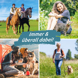 tickSAFE Zeckengreifer mit rotierendem Greiferkopf zur Anwendung am Tier zeigt verschiedene Aktivitäten draußen mit Pferden, Hund und Katze.