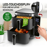 GOURMETmaxx FryUp Vertikale Doppelkammer-Heißluftfritteuse mit 10 L, LED-Touchdisplay und 2 unabhängigen Garzonen für platzsparendes Kochen.