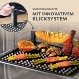 KitchBo Silikon-Backmatte Starter Set 8-tlg. 37x28cm schwarz mit innovativem Klicksystem für fettarmes, krosses Backen und zusätzliche Garebene im Ofen.