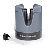 GOURMETmaxx Messerschärfer anthrazit/schwarz mit automatischer Winkeleinstellung und kompaktem Design für Messer und Scheren zu Hause.