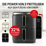 GOURMETmaxx FryUp Vertikale Doppelkammer-Heißluftfritteuse mit 4 Ebenen, 10 Liter Volumen und digitalem Display für platzsparendes Kochen.