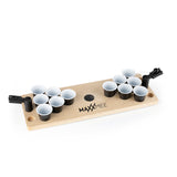 MAXXMEE Tischspiel Beer Pong mini mit Holzbrett, 2 Abschussvorrichtungen, 24 Bechern und ballbefestigendem Seil, kompakte Maße 50x16x9cm.