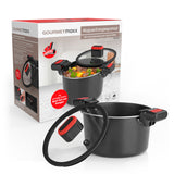 GOURMETmaxx Energiespartopf Aluminium 5,8l schwarz/rot mit Antihaftbeschichtung und wärmeabweisenden Quick-Griffen.