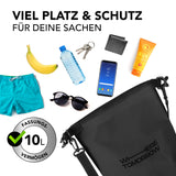 Where Tomorrow Dry Bag 10L - Style 01 - Schwarz, wasserdichter Outdoor-Rucksack mit 10L Fassungsvermögen und robustem Rolltop-Verschluss.