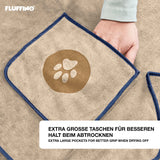 FLUFFINO® Hundehandtuch Mikrofaser 4er-Pack Beige & Blau, extra saugfähig, schnell trocknend, mit großen Taschen für kleine und mittelgroße Hunde.