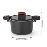 GOURMETmaxx Energiespartopf Aluminium 5,8l schwarz/rot mit Antihaftbeschichtung, Thermoboden und hitzebeständigen Quick-Griffen.
