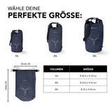 #DoYourOutdoor Dry Bag 10L Dunkelblau mit wasserdichtem Rolltop-Verschluss und verstellbarem Schultergurt, ideal für Outdoor-Abenteuer.