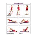 VITALmaxx Vibrationstrainer mit Expanderbändern zeigt verschiedene Übungen wie Bizeps Curls und Sit-ups zum Ganzkörpertraining.