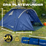 Where Tomorrow Pop up Familienzelt für 3 Personen 220x220x130 cm blau, leicht, wetterfest, schneller 10 Sek. Quick-up-Aufbau, geräumig mit Vorzelt.