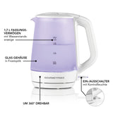 GOURMETmaxx Glas-Wasserkocher mit Frostglas-Design, 1,7 Liter, beleuchtet, kabellos, mit Wasserstandsanzeige und 360° Drehbasis.
