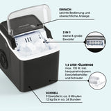 GOURMETmaxx Eiswürfelbereiter - schwarz mit 1,3-L Wassertank, zwei Eiswürfelgrößen und schneller Eiswürfelproduktion in 8 Minuten.