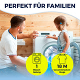 Ein Mann und ein junges Mädchen laden Wäsche in einen gemütlichen, holzgetäfelten Raum. Der Text lautet „PERFEKT FÜR FAMILIEN“. Symbole zeigen „1 Waschladung“ und „18M Trockenlänge“ – ideal für EASYmaxx Falt-Wäscheständer 1800, klappbare Kleiderstange, platzsparend.
