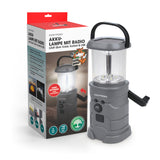 EASYmaxx Akku-Lampe mit Radio, ladbar über Solar, Kurbel und USB, mit 5 LEDs und integriertem FM-Radio in kompakter Bauweise.