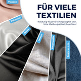 CLEANmaxx Hemdenbügler PRO KOMPAKT zeigt verschiedene Textilien wie Viskose, Polyester, Seide, Leinen, Baumwolle und Jeans.