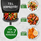 GOURMETmaxx AirGenius Heißluftfritteuse 7,5 l mit großem Fassungsvermögen für bis zu 7 Personen, ideal für vielseitige Gerichte.