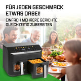 GOURMETmaxx AirGenius 2-Kammer-Heißluftfritteuse 2 x 4,5 l mit Color-Touchscreen für fettarmes Frittieren und simultanes Zubereiten.