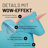 LUMALAND Kindersitzsack Animal Line Einhorn - Türkis/Pastell Pink mit waschbarem Bezug, verdecktem Reißverschluss und wasserabweisendem Material.