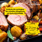 GOURMETmaxx Heißluft-Fritteuse Vario-Doppelkammer 9l zeigt zart gebratenes Fleisch mit Gemüse aus teilbarem Garraum.