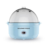 GOURMETmaxx Eierkocher für 7 Eier in Blau mit transparentem Deckel, Dampfauslass und einfachem Härtegrad-Einstellungs-System.