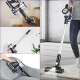 CLEANmaxx Akku-Zyklon-Staubsauger Digital-Display anthrazit/silber/lila mit Touch-Display und rotierender Bodendüse.