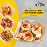 Rachs KOCHWERK Backpapier Schalen für Heißluft-Fritteusen 100er-Set mit hohem Rand für kreative und fettfreie Zubereitung.