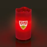 VfB Stuttgart LED-Echtwachskerze rot mit rotierendem VfB-Wappen, 3 Geschwindigkeitsstufen, Timer, batteriebetrieben oder USB.