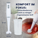 GOURMETmaxx Stabmixer mit Messbecher in weiß/grau, abnehmbarer Mixaufsatz, ergonomischer Griff, ideal zum Pürieren und Mixen.
