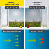 EASYmaxx Insect Protect - Insektenschutzgitter mit Klettbefestigung zeigt klare Sicht und bessere Luftdurchlässigkeit im Vergleich zu Standardgewebe.
