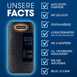 EASYmaxx Akku-Handkompressor mit Display, LED-Licht, Auto-Stopp, USB-Aufladung, 4 Adaptern und bis zu 10,3 bar Druckleistung.