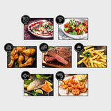 MAXXMEE Heißluft-Fritteuse Digital Rot zeigt vielfältige Gerichte wie Pizza, Gemüse, Hähnchen, Steak, Pommes, Fisch und Scampi zubereitet.
