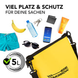 Where Tomorrow Dry Bag 5L - Style 01 - Gelb, wasserdichter, robuster 5L Rucksack für Outdoor-Abenteuer mit praktischem Rolltop-Verschluss.
