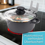 topfi® Topfdeckelhalter für Töpfe & Pfannen aus Edelstahl mit Silikonfüßen verhindert Überkochen und schützt Pfannen schonend beim Kochen.
