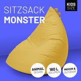 LUMALAND Kindersitzsack Animal Line Monster - Senfgelb, weicher Sitzsack mit Monster-Design für Kinder, Indoor und Outdoor geeignet