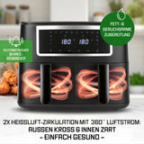 GOURMETmaxx Doppelkammer-Heißluftfritteuse 2 x 4 L mit Touch, Timer und 10 Programmen für fettarmes und geruchsarmes Frittieren.