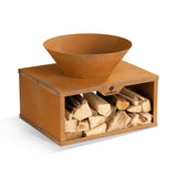 LANDMANN Feuerschale mit Holzlager - 60 x 50 x 54 cm aus Cortenstahl, inkl. praktischem Holzlager, zeitloses Design für Garten und Lagerfeuer.