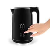 MAXXMEE Wasserkocher mit LED-Temperaturanzeige, 1,7 l Fassungsvermögen, schwarz, Touchdisplay und Edelstahl-Innengehäuse.