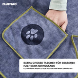 FLUFFINO® Hundehandtuch Mikrofaser – 4er-Pack mit extra großen Taschen, saugfähiges, schnell trocknendes Handtuch in Grau & Grün.