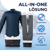 CLEANmaxx Hemdenbügler PRO mit Hosenaufsatz zeigt automatisch trocknendes und bügelfreies Hemd und Hose in Schwarz.